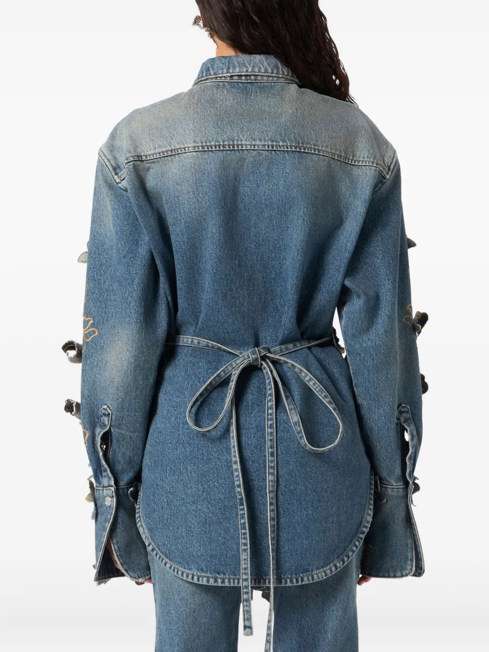 Blumarine Denim blouse met bloemenkant Blauw