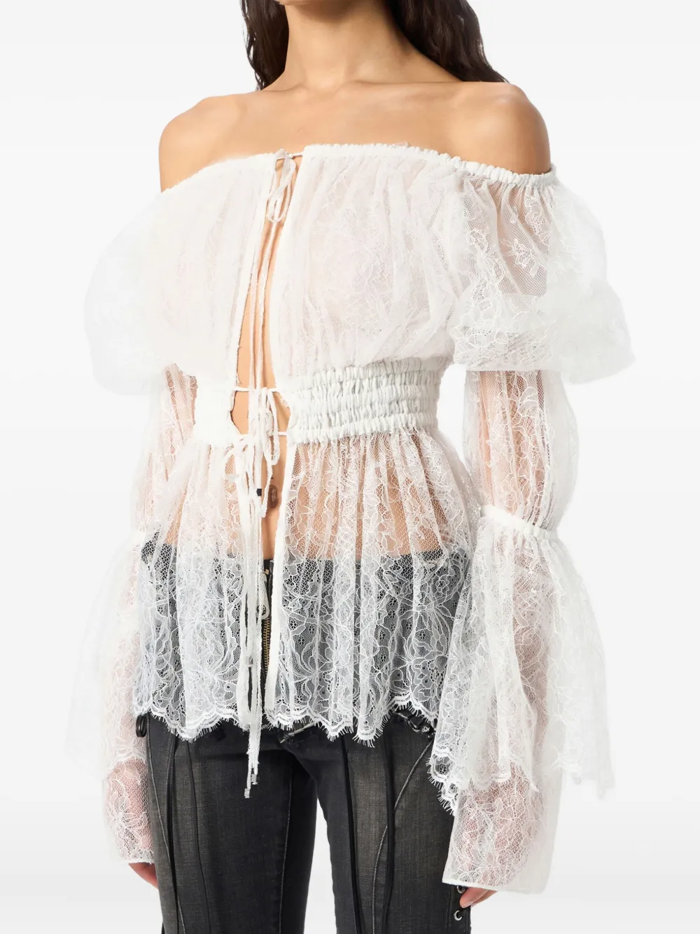 Blumarine Off-shoulder Lace Blouse In Neutral
