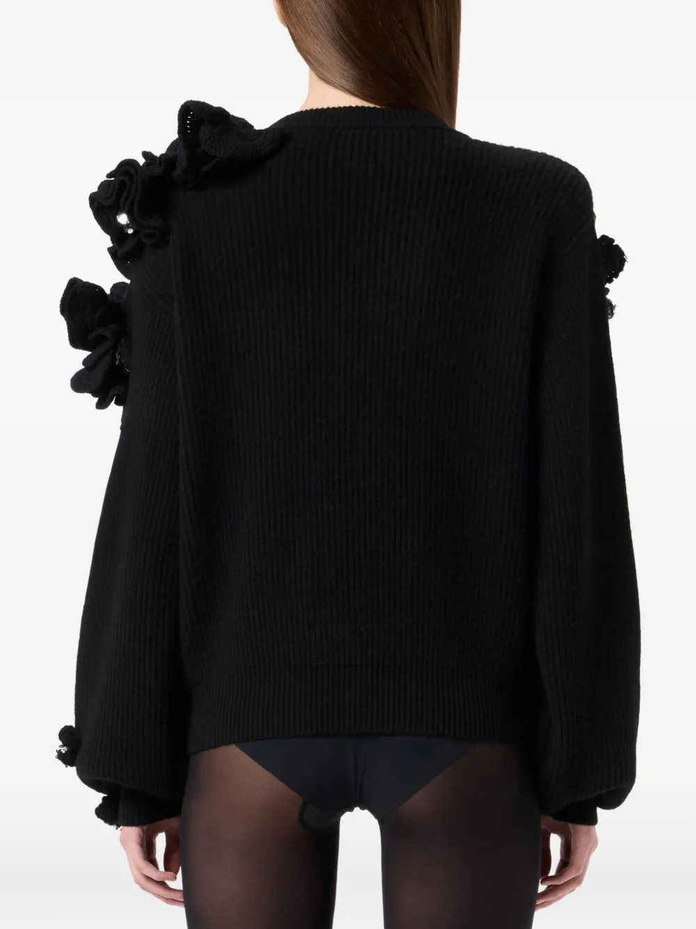 Blumarine Flower-embellished Ribbed Sweater In Black