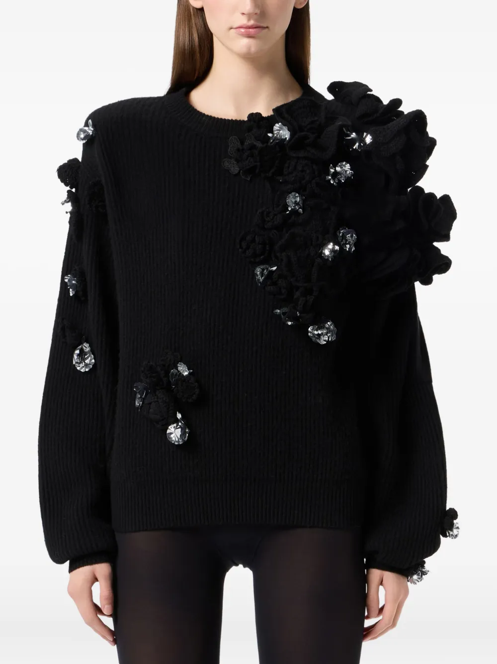 Blumarine Flower-embellished Ribbed Sweater In Black