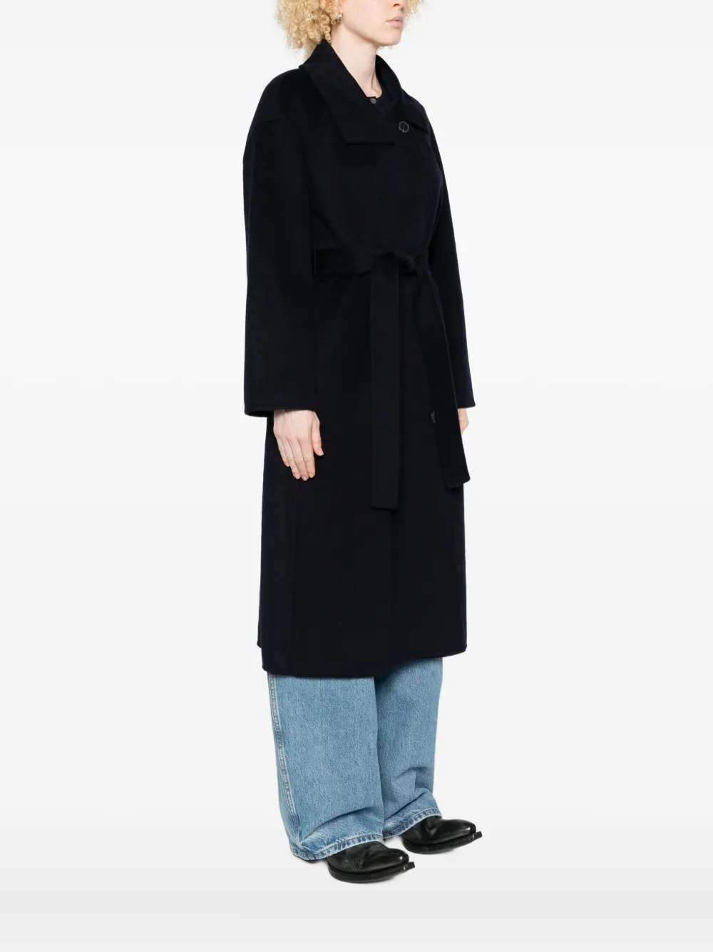 The Dynamis Studio Belted Wool Coat In Blue