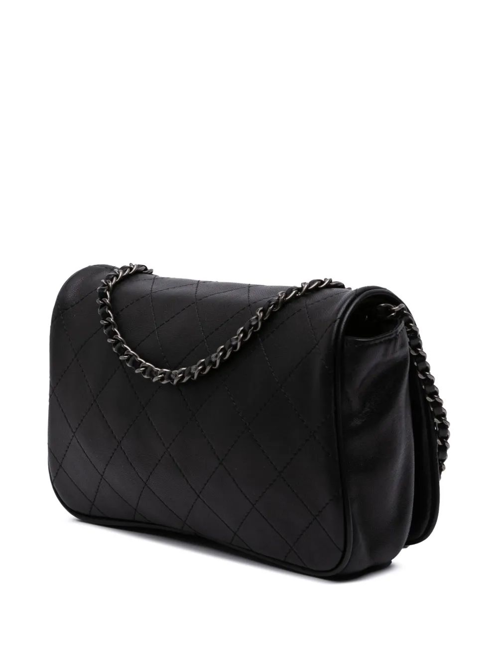 Pre-owned Chanel 2013-2014 Cc Quilted Lambskin Full Flap Wallet On Chain Crossbody Bag In Black