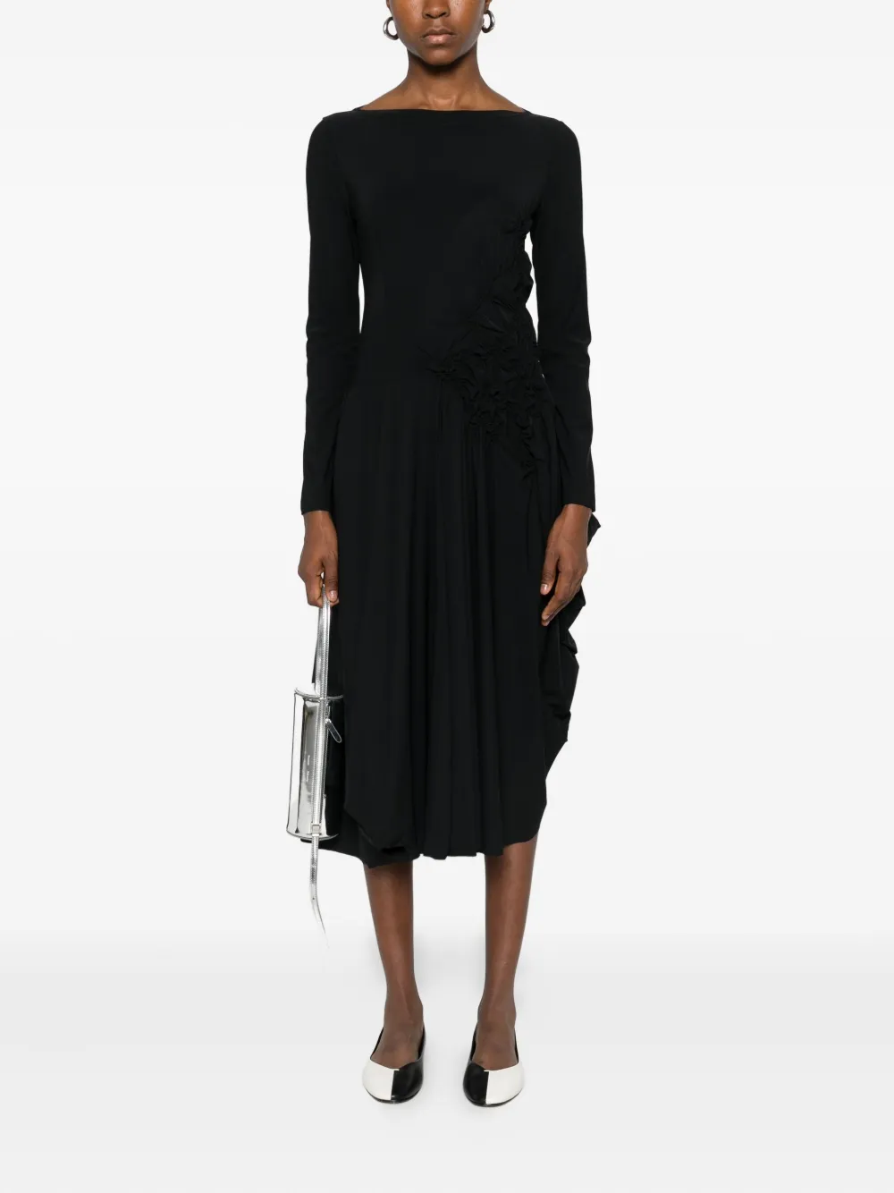 High ruched-detail asymmetric dress - Zwart