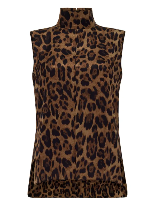 Adam Lippes Leopard-print High-neck Top in Brown