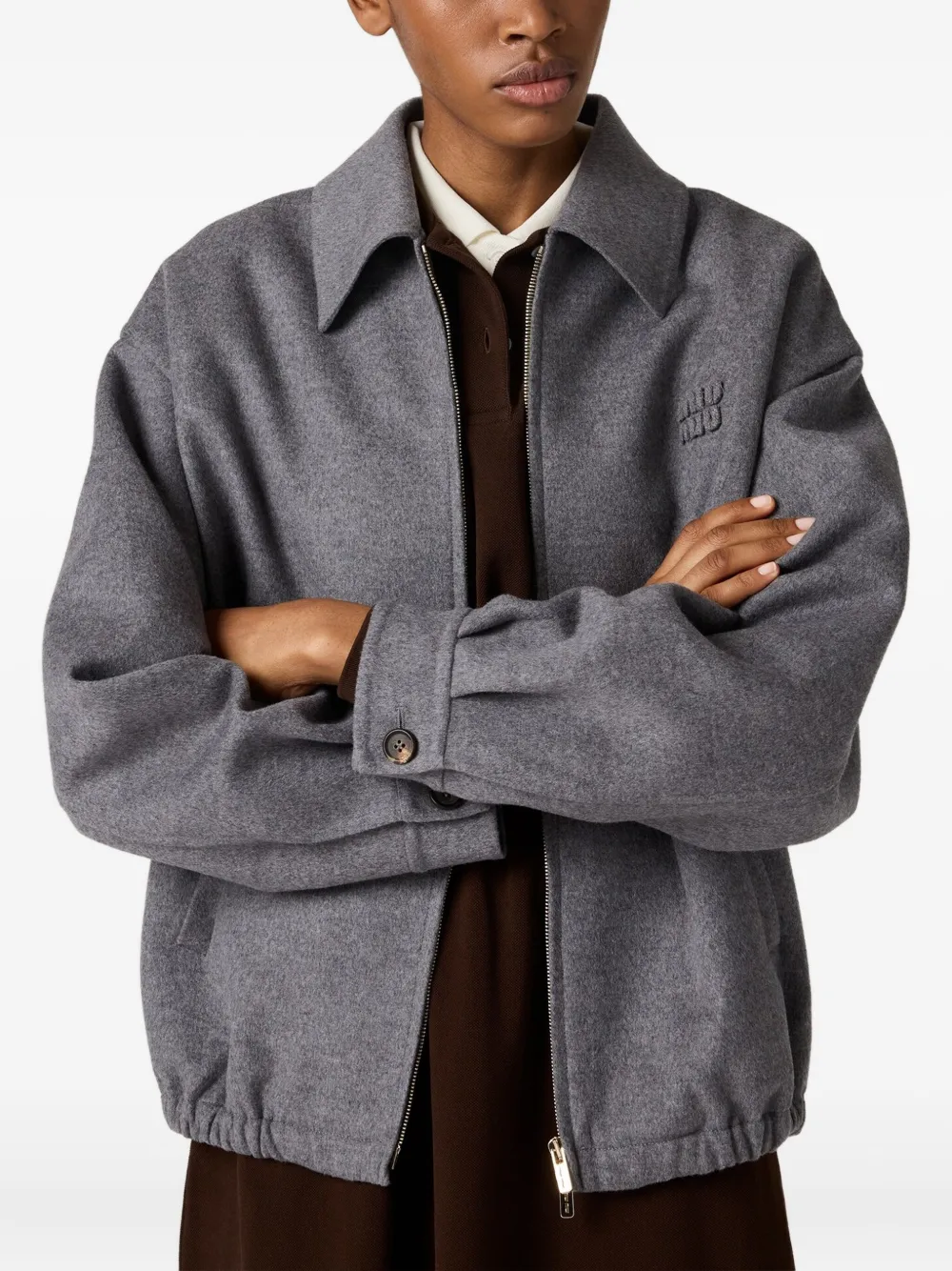 Miu Miu Embroidered-logo Wool Jacket In Gray