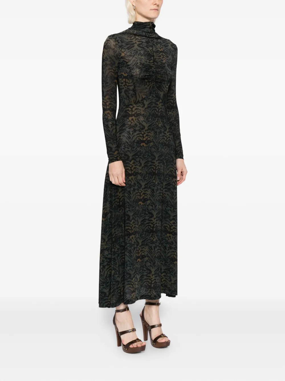 Ulla Johnson Koa Ruched Printed Stretch-jersey Turtleneck Maxi Dress In Green