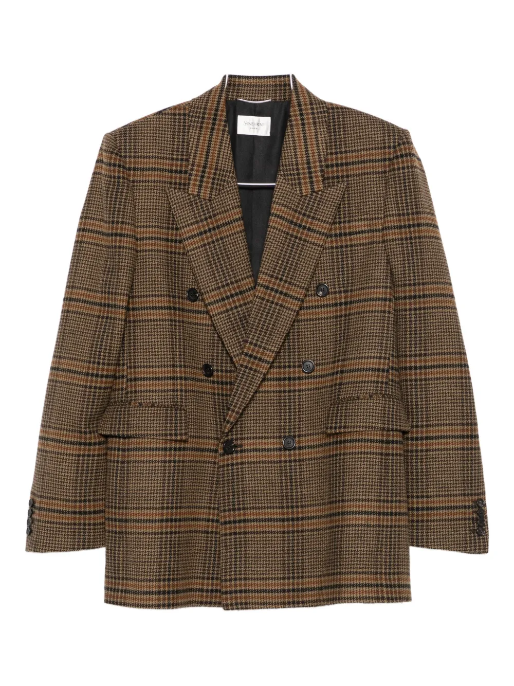 Saint Laurent Double-breasted Checked Blazer In Brown