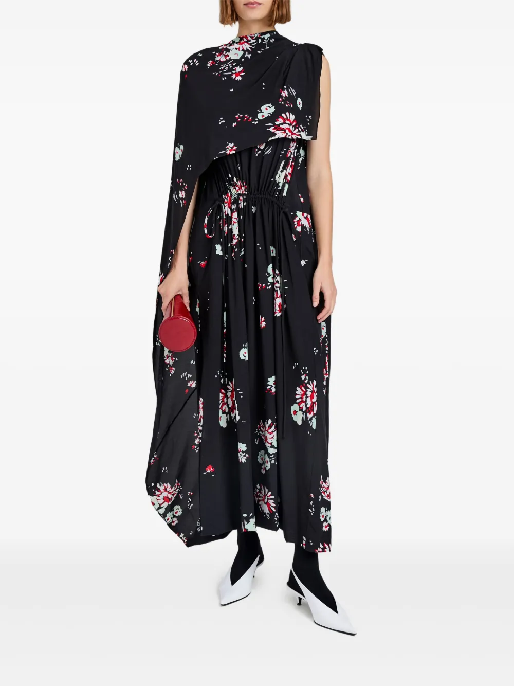 Proenza Schouler Floral-print Cape Midi Day Dress In Black