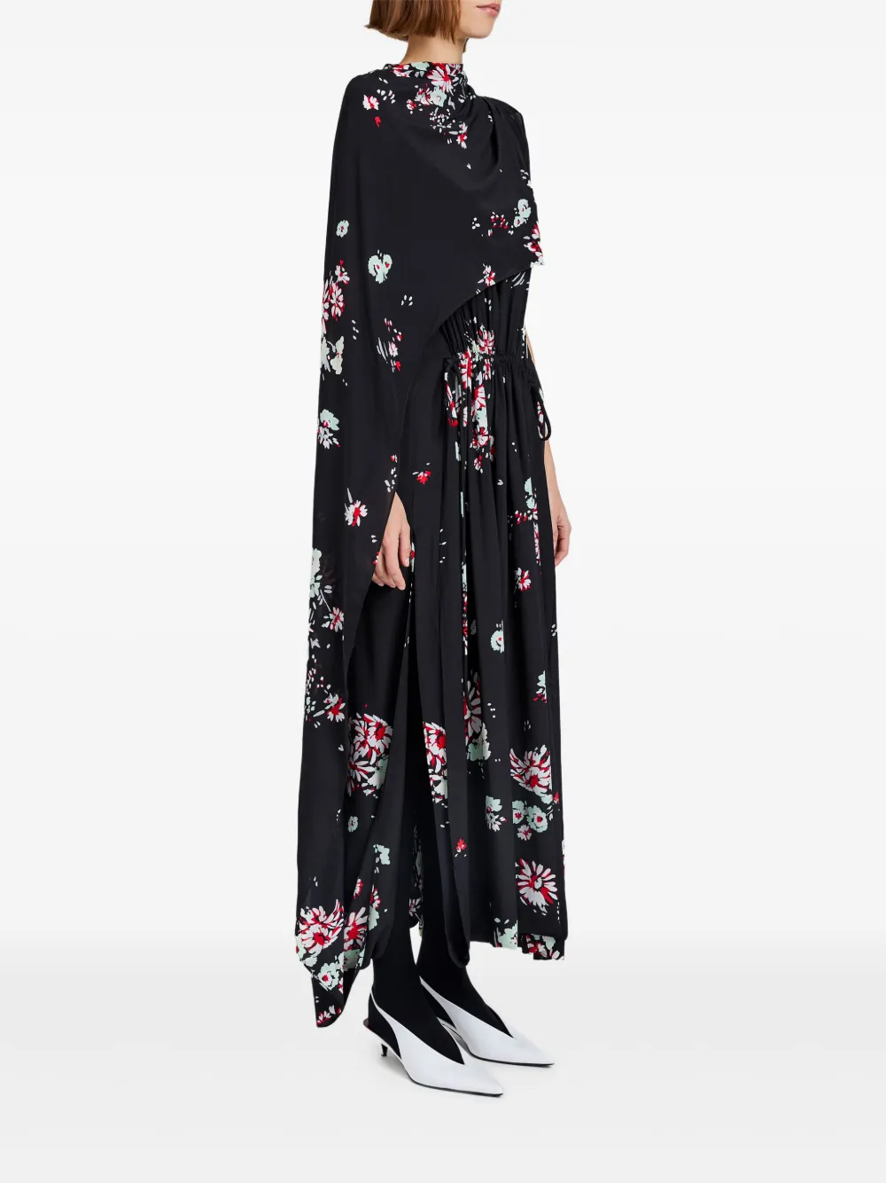 Proenza Schouler Floral-print Cape Midi Day Dress In Black