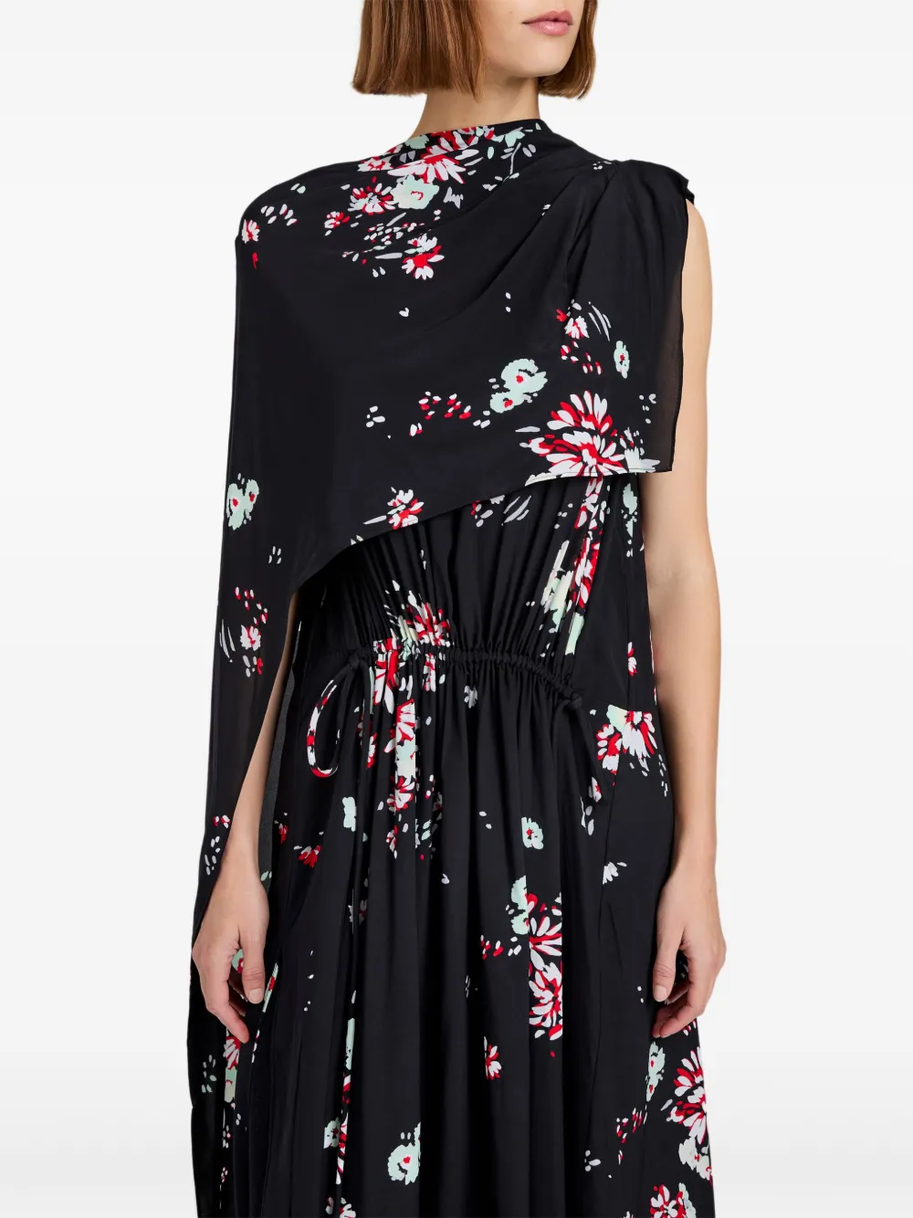 Proenza Schouler Floral-print Cape Midi Day Dress In Black