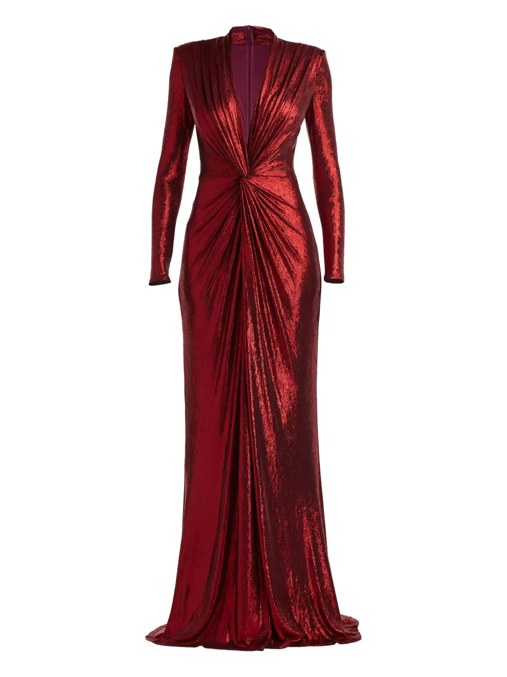 Tadashi Shoji Draped Twist-front Long-sleeve Gown In Red