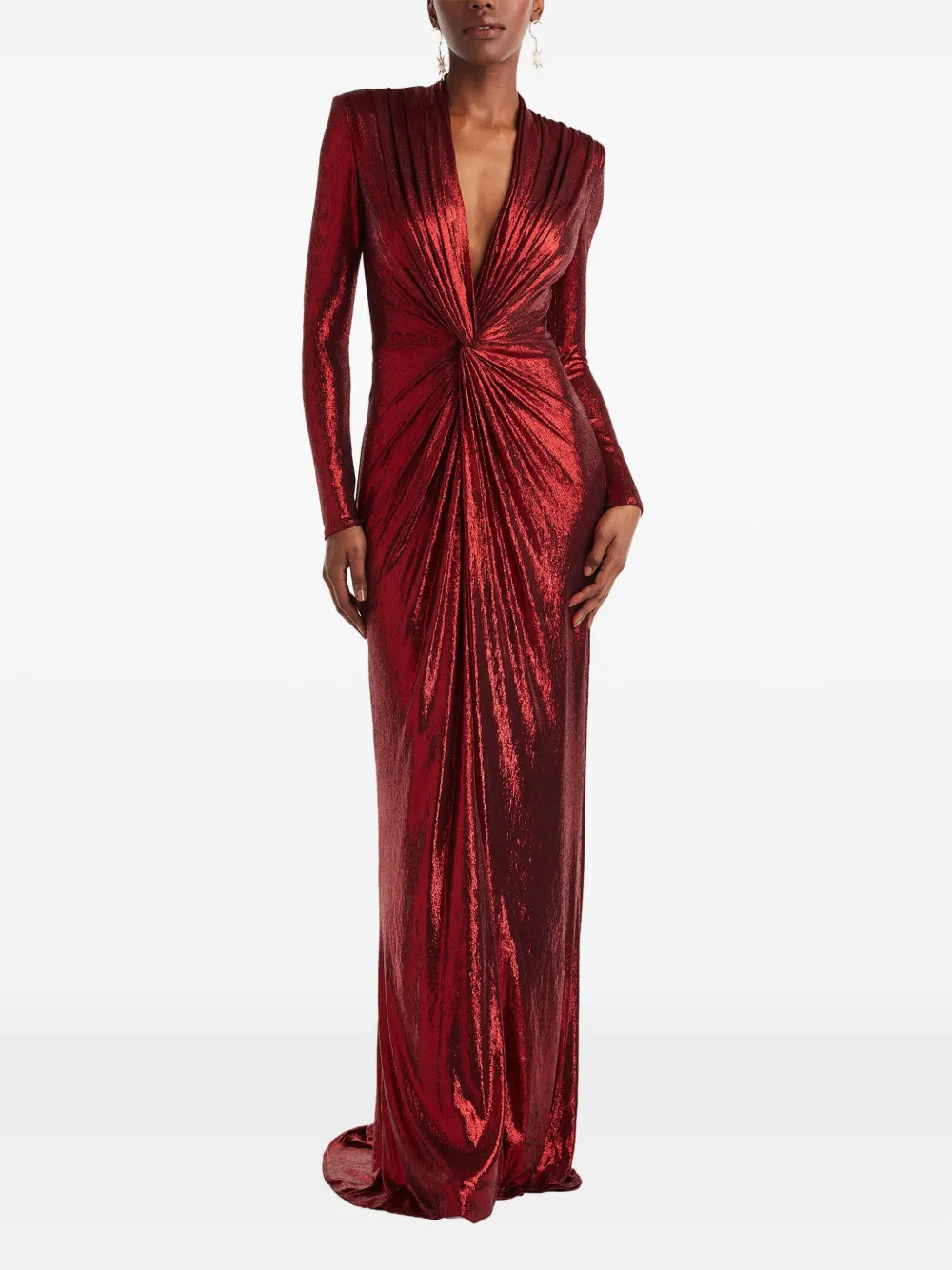 Tadashi Shoji Draped Twist-front Long-sleeve Gown In Red