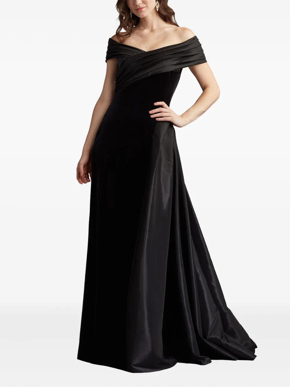 Tadashi Shoji Off-shoulder Pleated Gown In Black