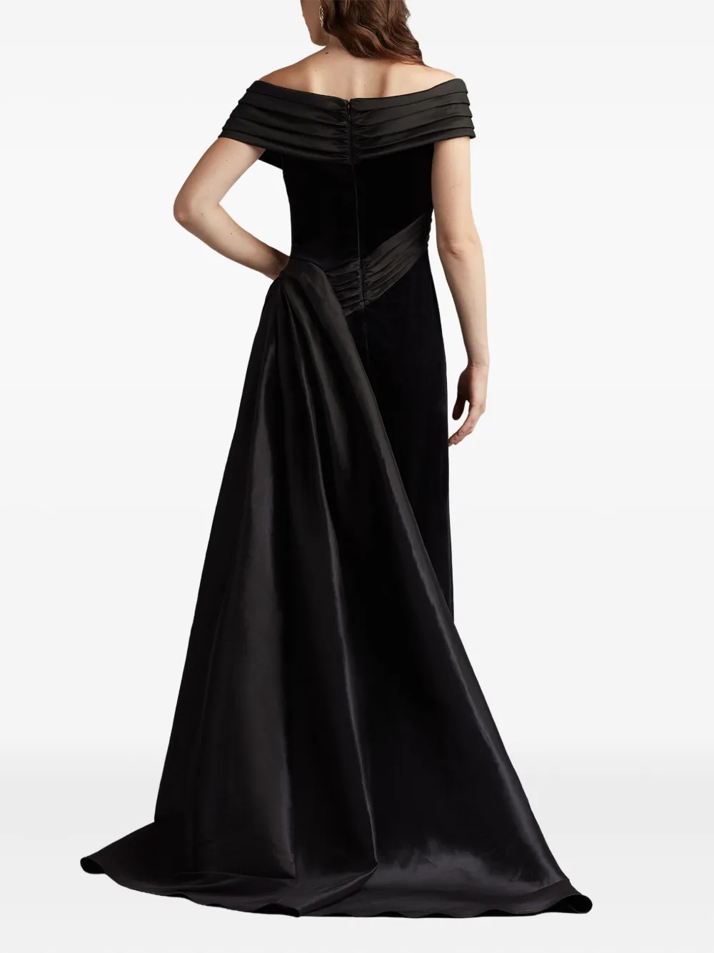Tadashi Shoji Off-shoulder Pleated Gown In Black