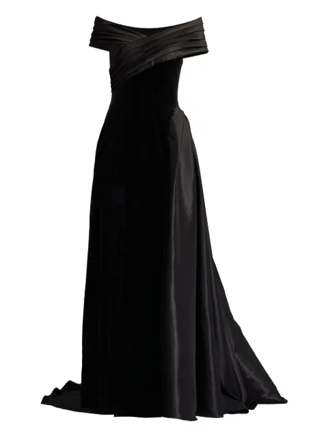 Tadashi Shoji off-shoulder pleated gown