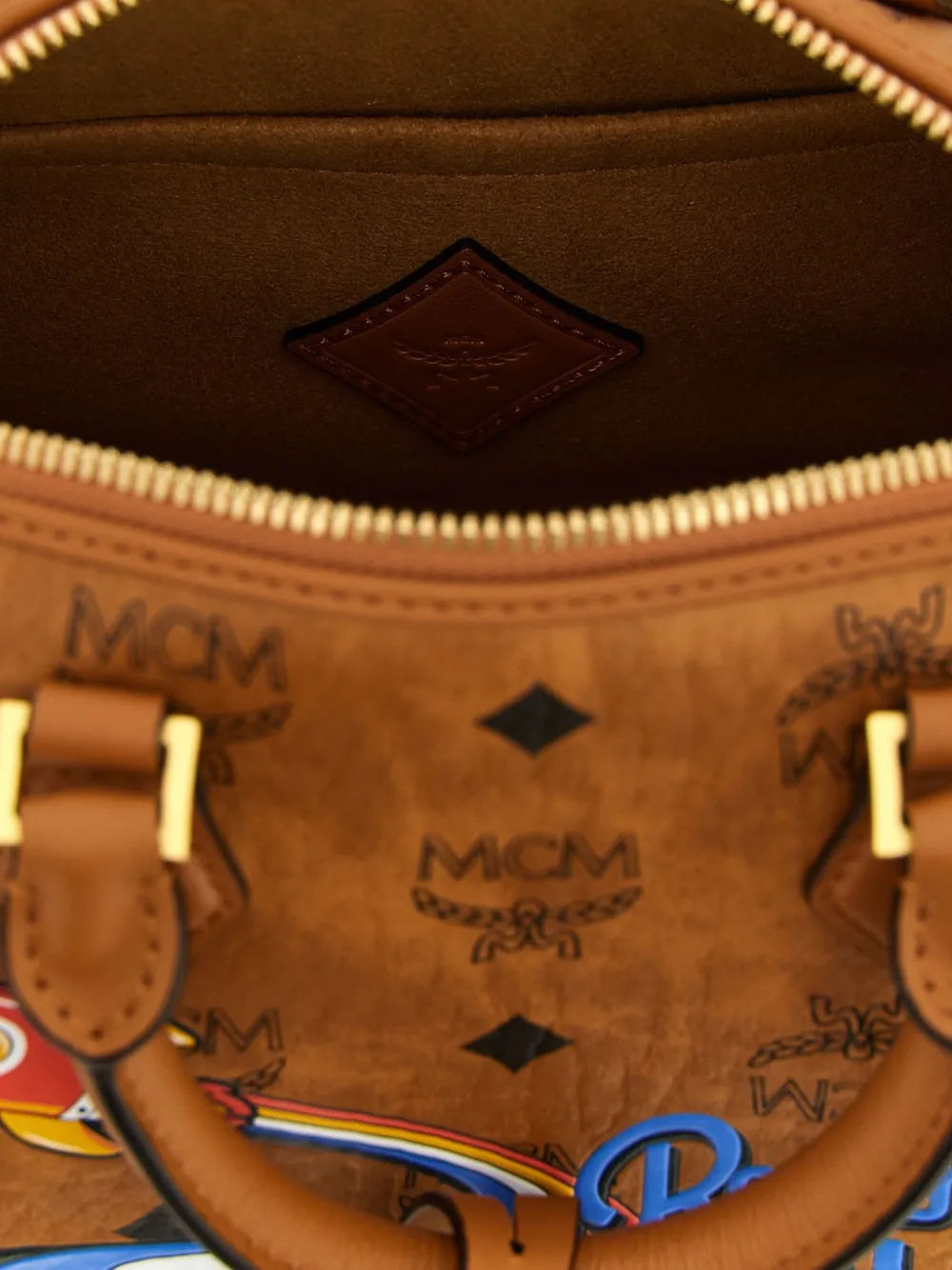 Mcm Ella Boston Rocket-print Monogram Tote Bag In Brown