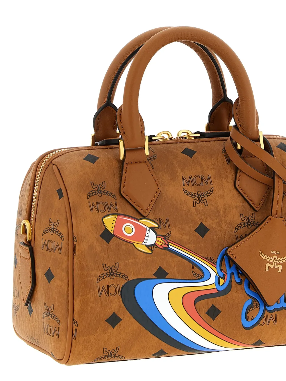 Mcm Ella Boston Rocket-print Monogram Tote Bag In Brown