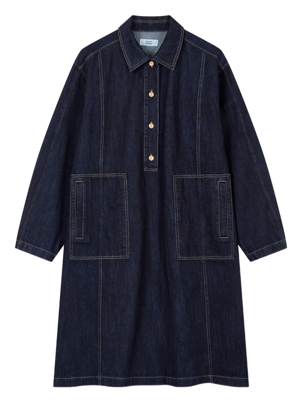 Studio Tomboy Denim Patch-pockets Midi Day Dress In Blue
