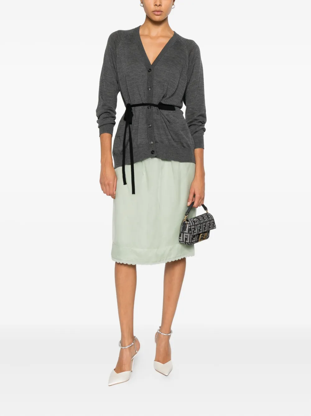 Prada Ribbon-detail Cardigan In Gray