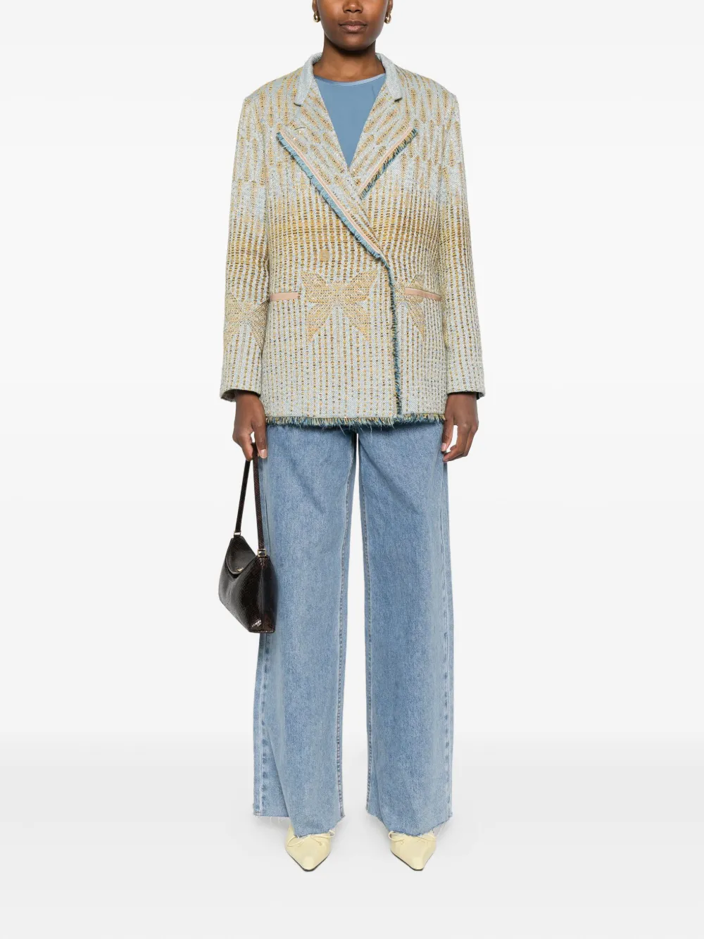 Forte Forte Textured Jacquard Blazer With Notched Lapel And Frayed Edges In Multi