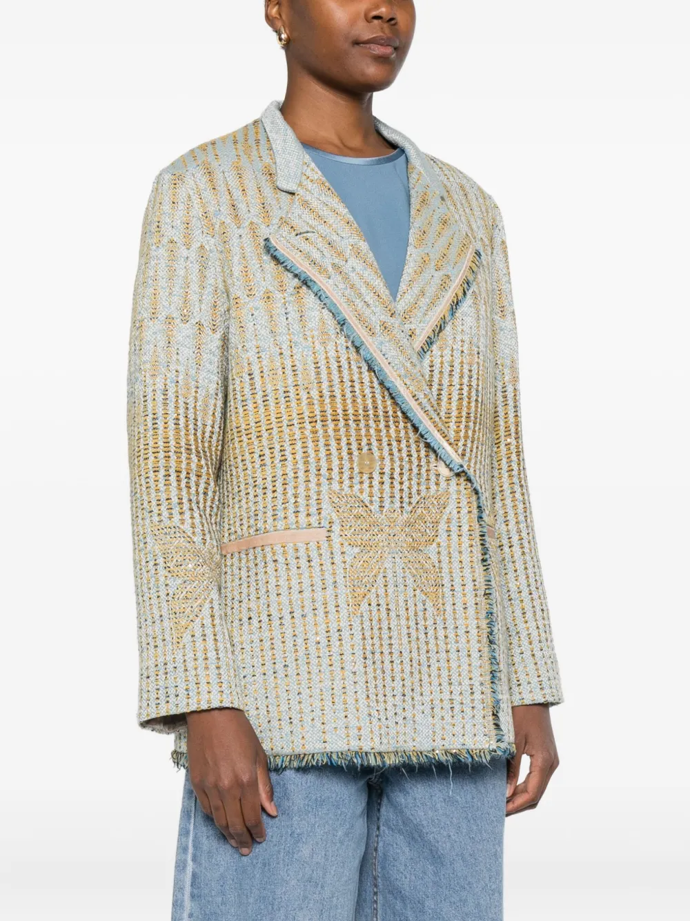Forte Forte Textured Jacquard Blazer With Notched Lapel And Frayed Edges In Multi