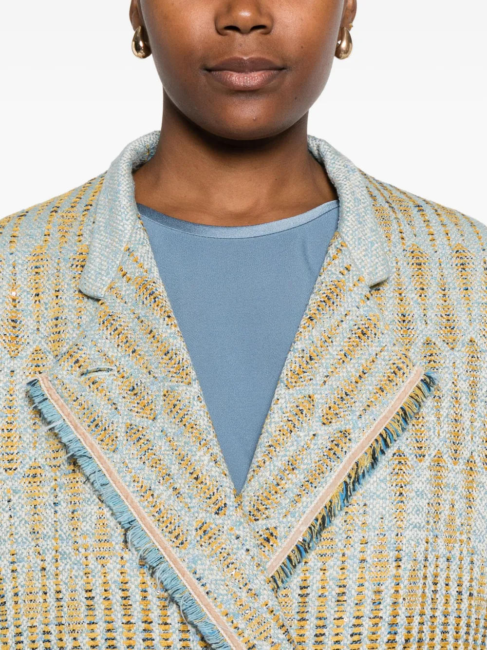 Forte Forte Textured Jacquard Blazer With Notched Lapel And Frayed Edges In Multi
