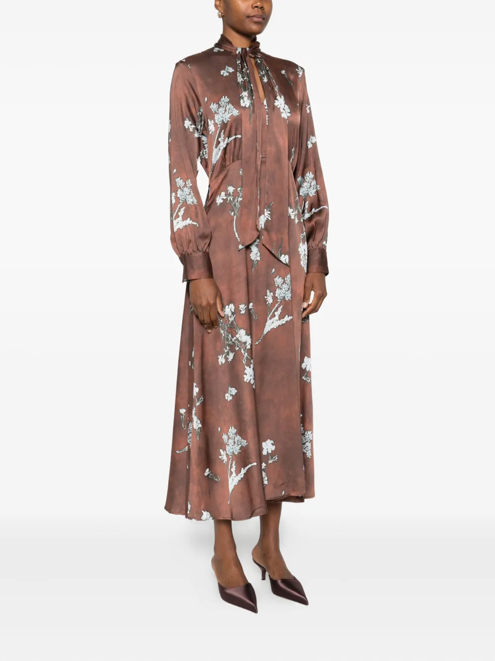Caliban Floral Print Tie-neck Midi Dress In Brown