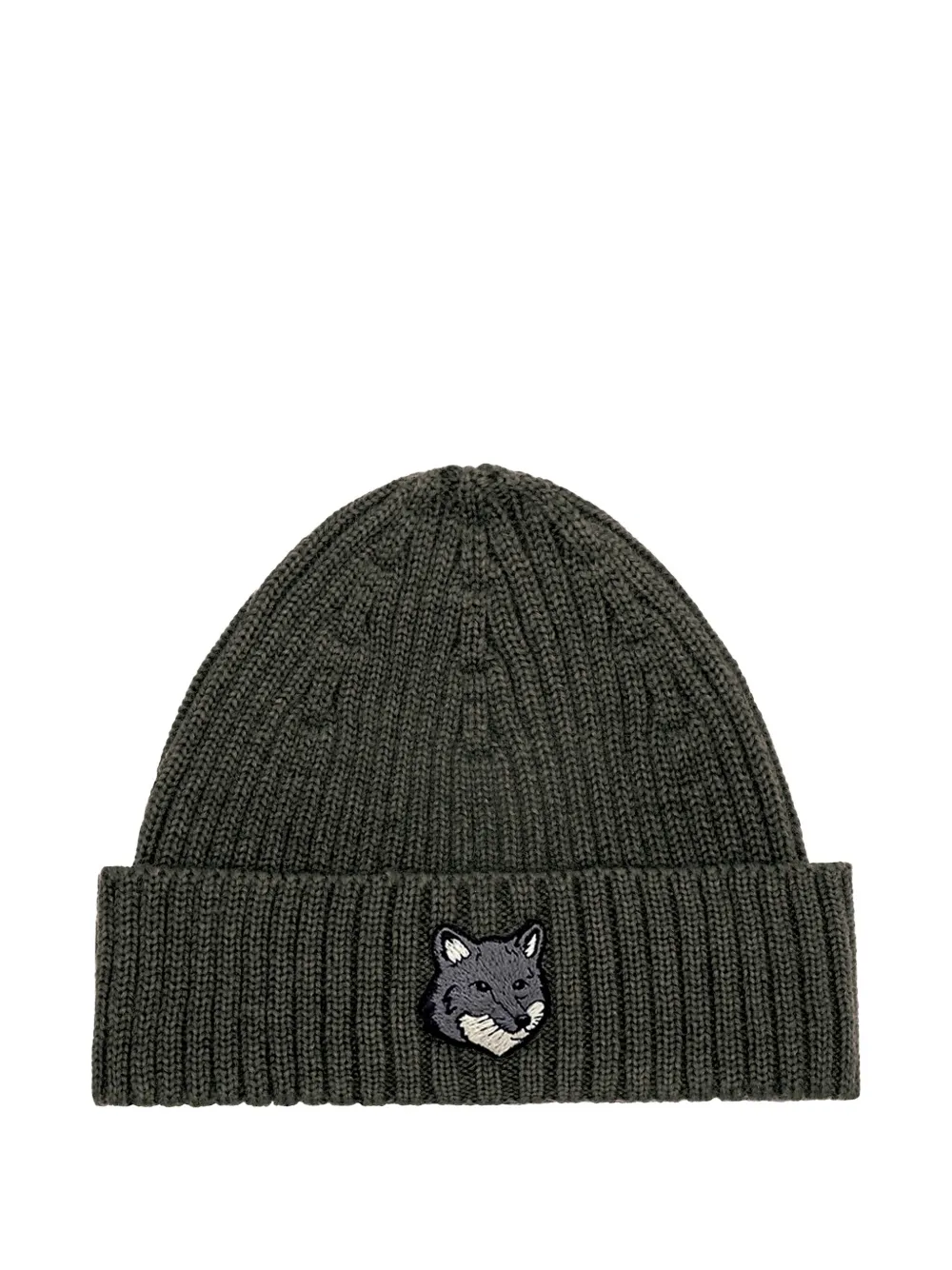 Maison Kitsuné Fox-head Ribbed Beanie In Gray