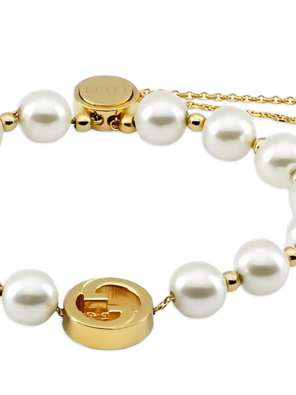 Gucci Parelarmband met goudkleurig logo - Wit