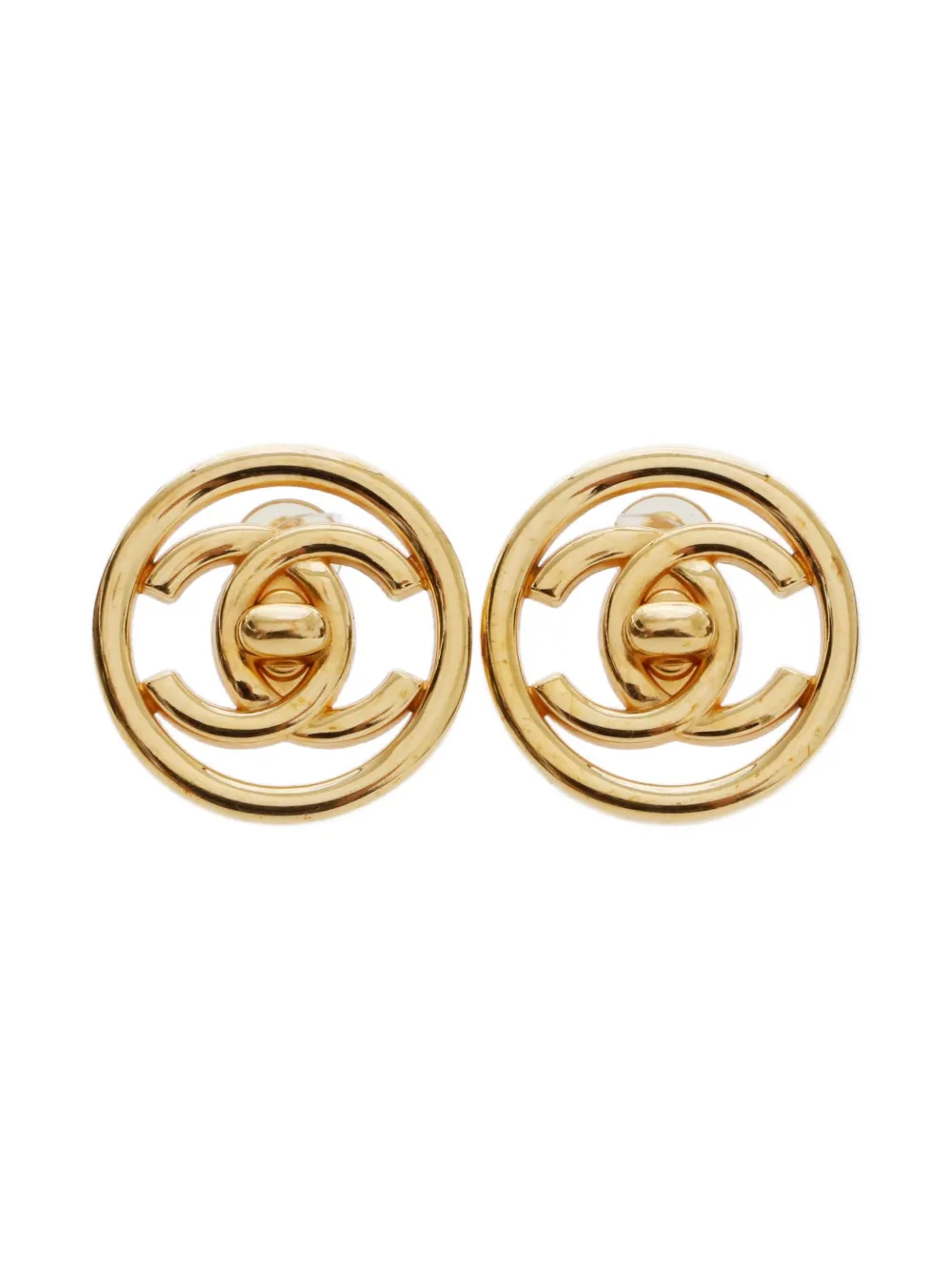 Pre-owned Chanel 1997 Cc Mark Turn Lock Clip-on Earrings In Gold