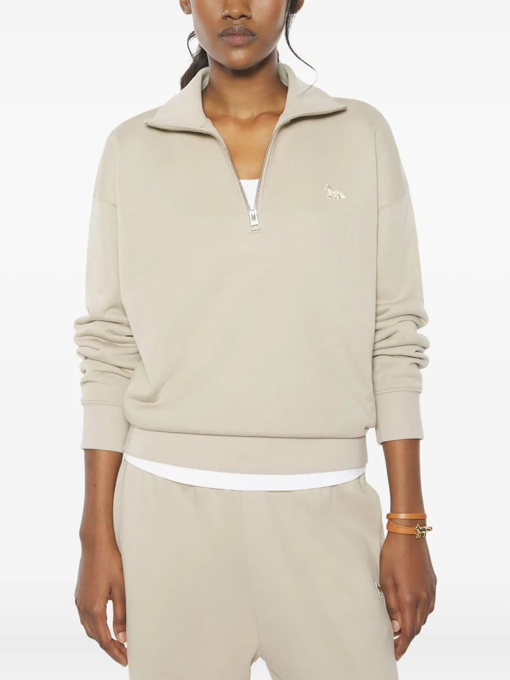 Maison Kitsuné Profile Fox-embroidered Half-zip Sweatshirt In Neutral