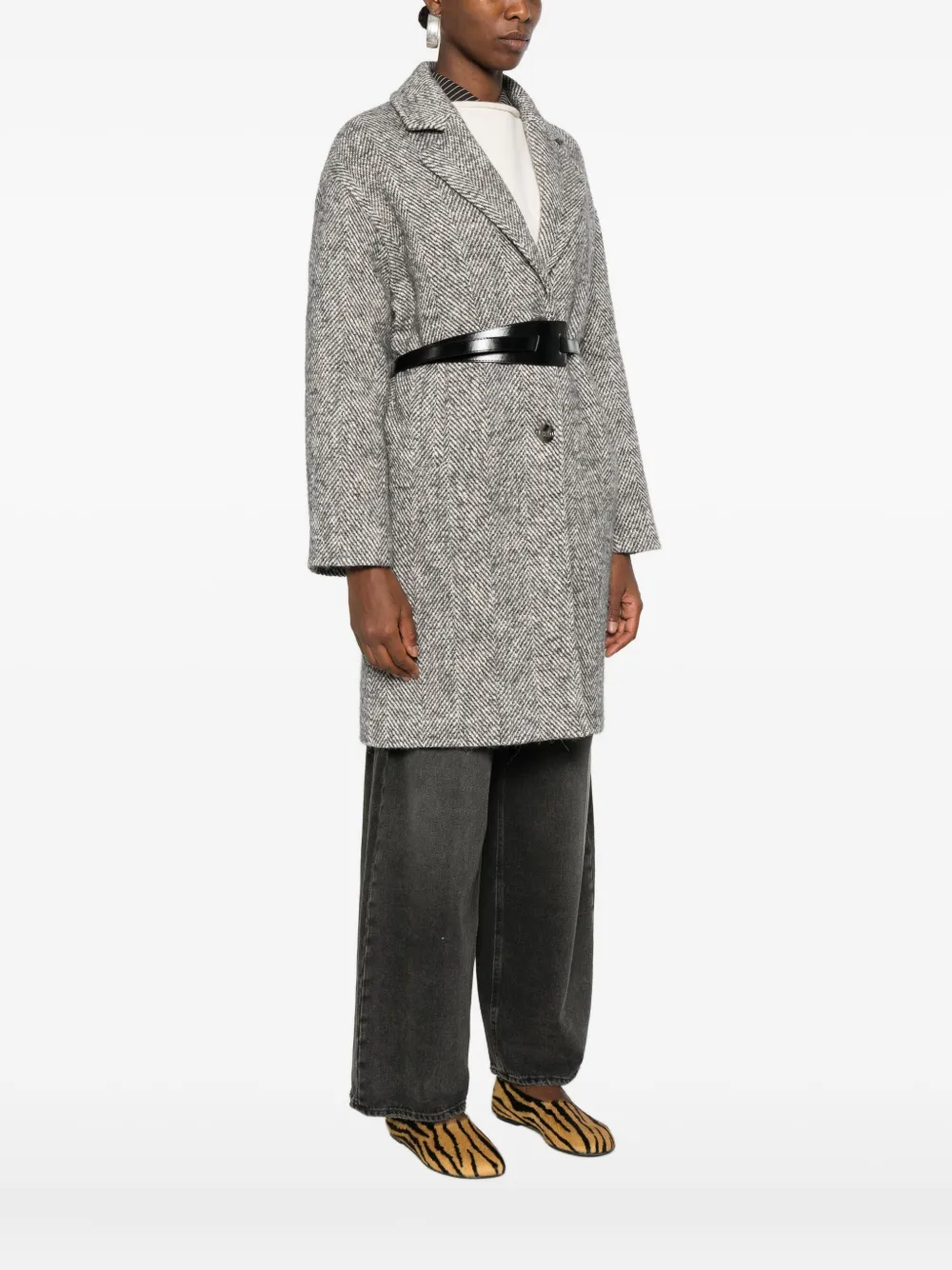 Liu •jo Herringbone-pattern Belted Coat In Gray