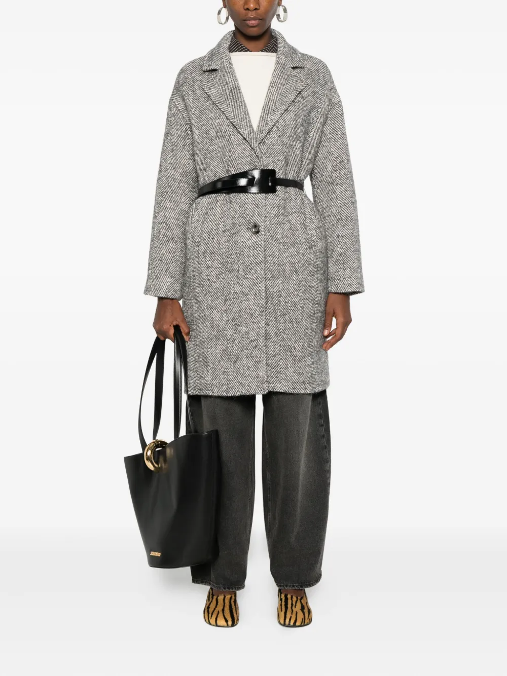 Liu •jo Herringbone-pattern Belted Coat In Gray