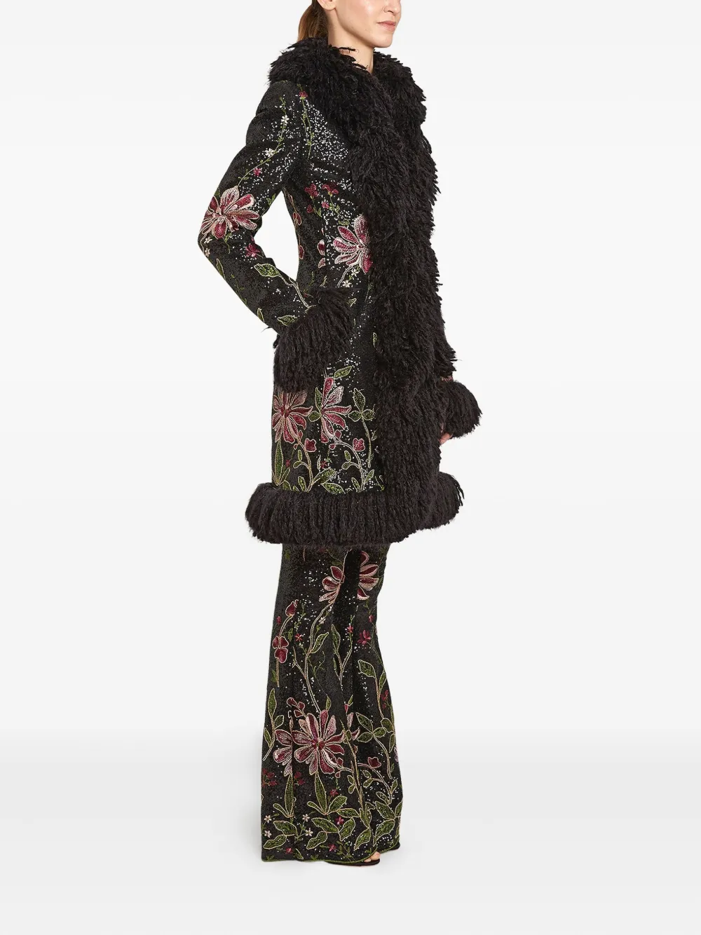 Giambattista Valli Sequin Floral Embroidered Coat With Faux Fur Trim In Black