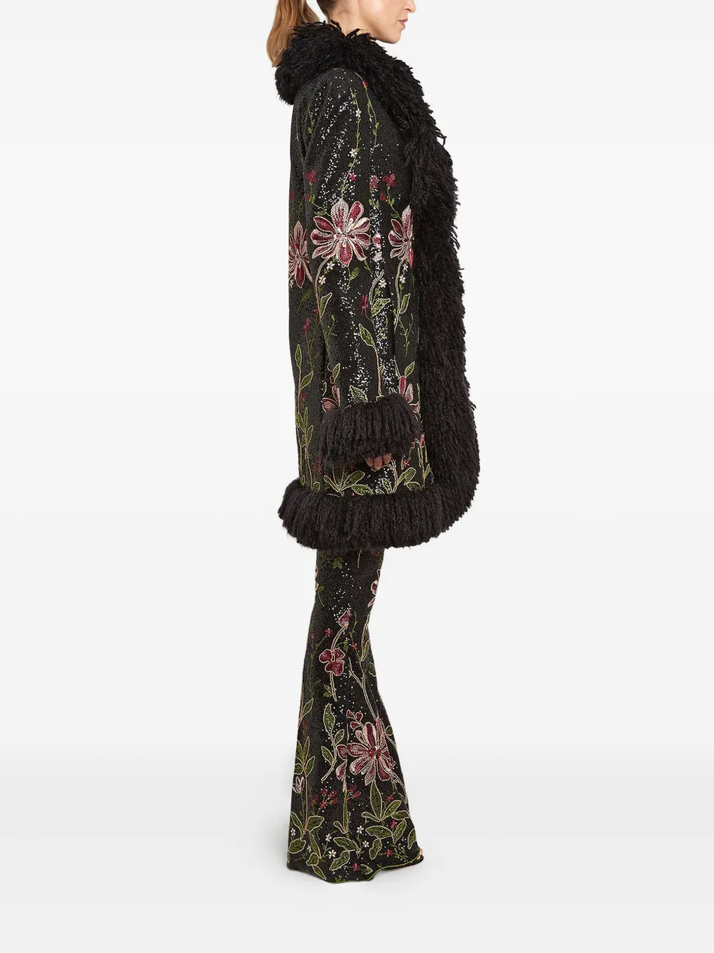 Giambattista Valli Sequin Floral Embroidered Coat With Faux Fur Trim In Black