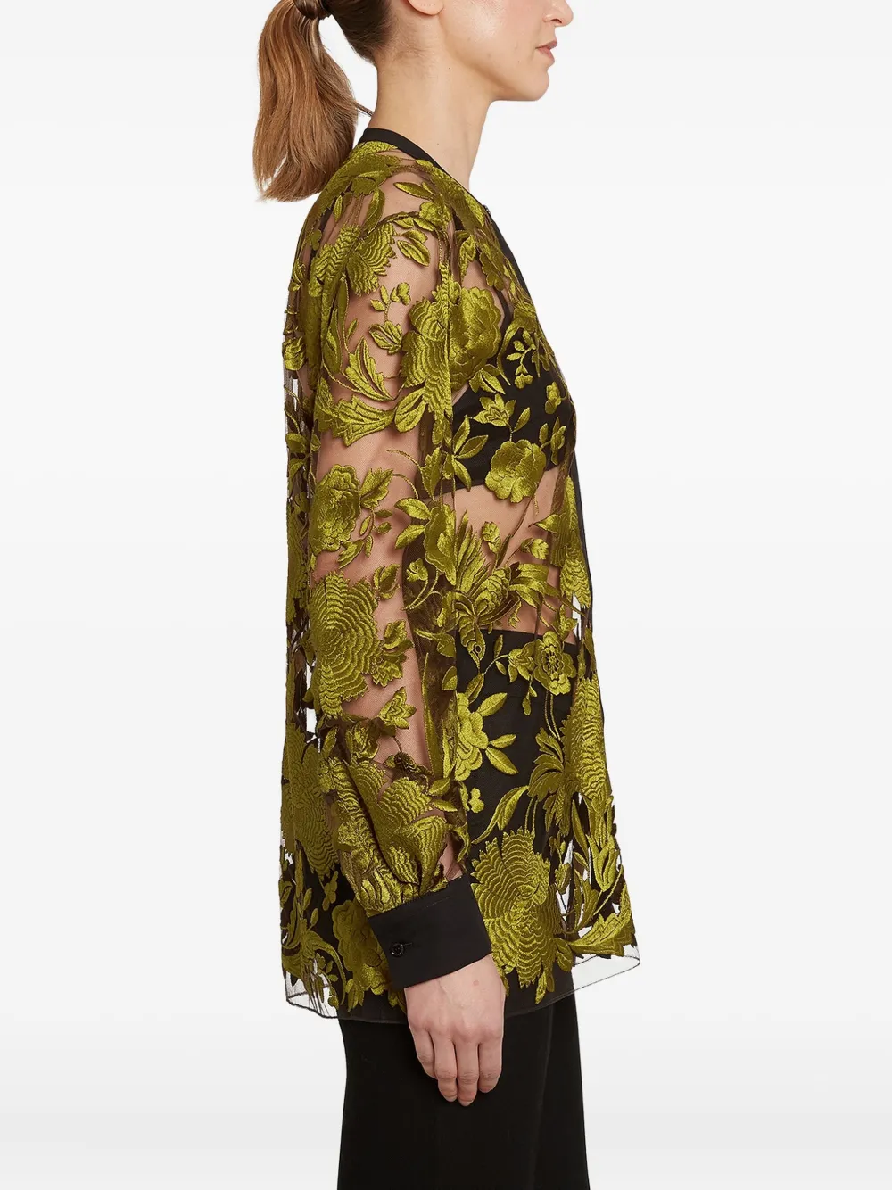 Giambattista Valli Floral-embroidered Tulle Blouse In Green