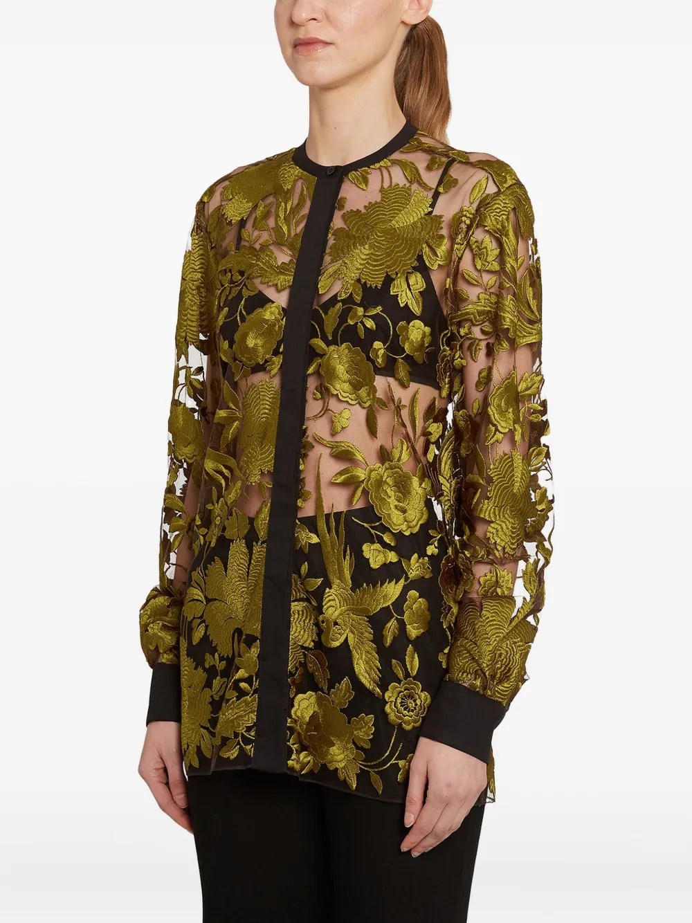 Giambattista Valli Floral-embroidered Tulle Blouse In Green
