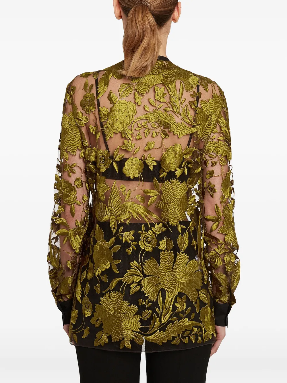 Giambattista Valli Floral-embroidered Tulle Blouse In Green