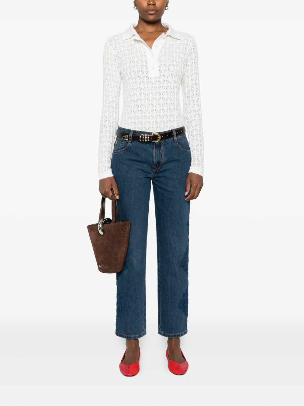 PINKO lace-panel polo bodysuit - Wit