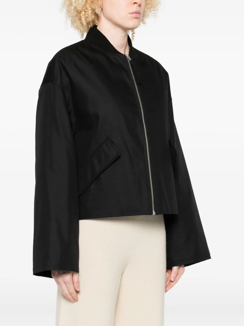 Closed Ribbed Zip-up Baseball Jacket In Black