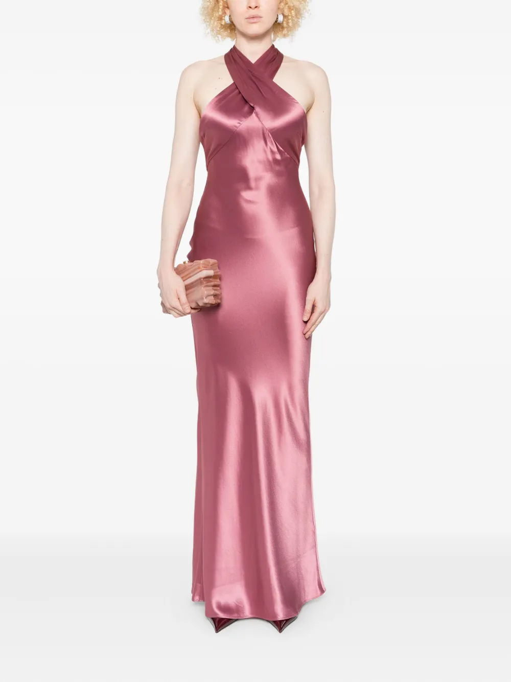 Retrofete cross-front satin dress - Roze