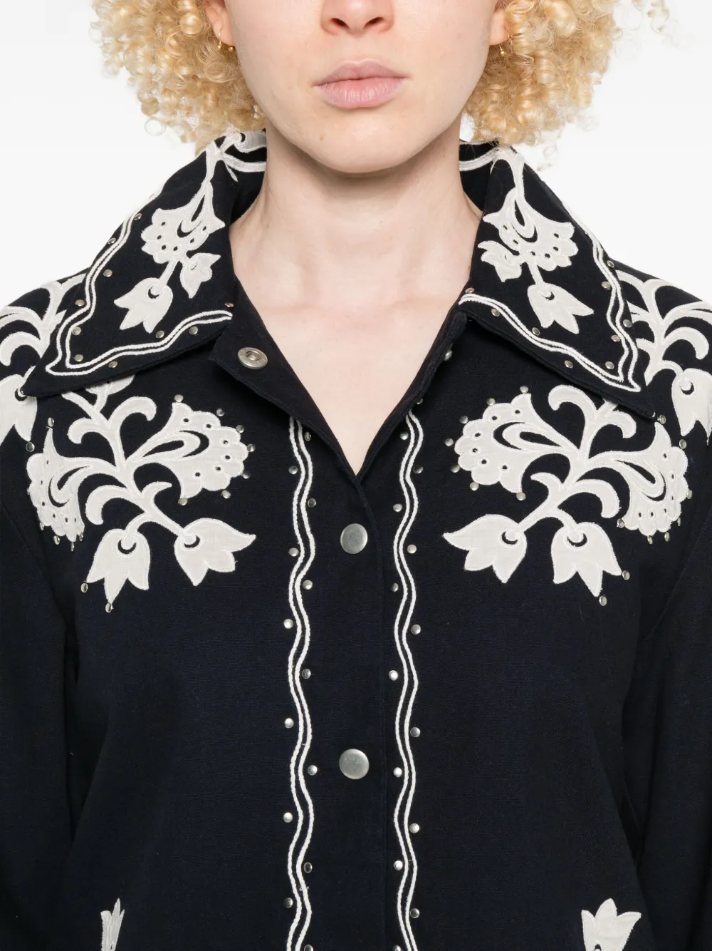 Sea Floral-embroidered Buttoned Jacket In Black