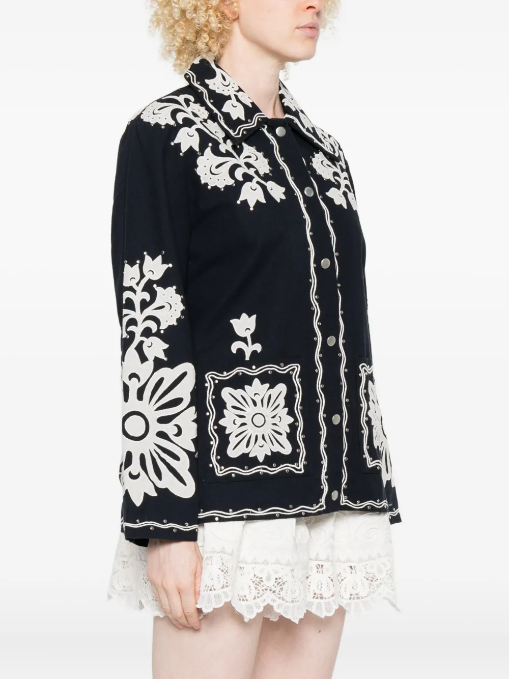 Sea Floral-embroidered Buttoned Jacket In Black
