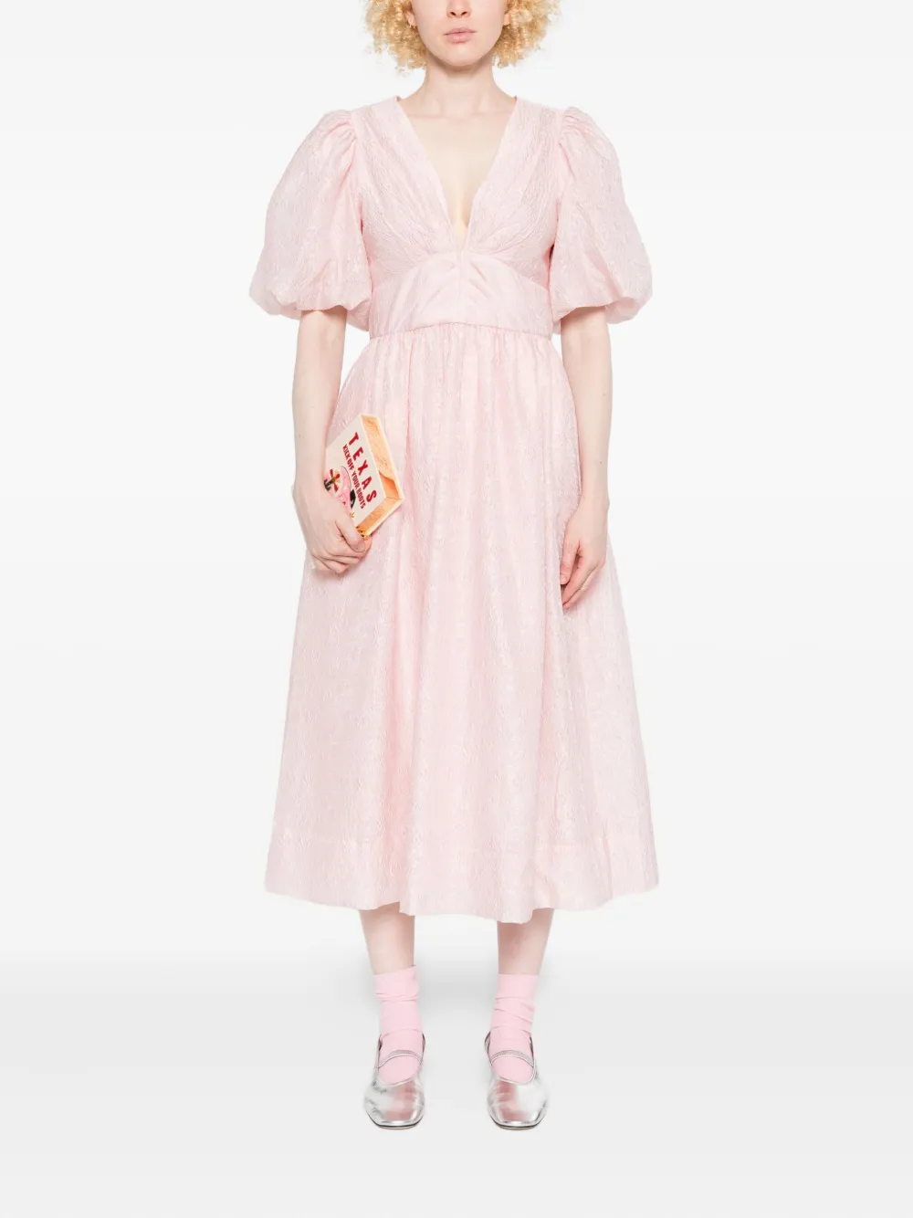 Sea Midi-jurk met pofmouwen en V-hals - Roze