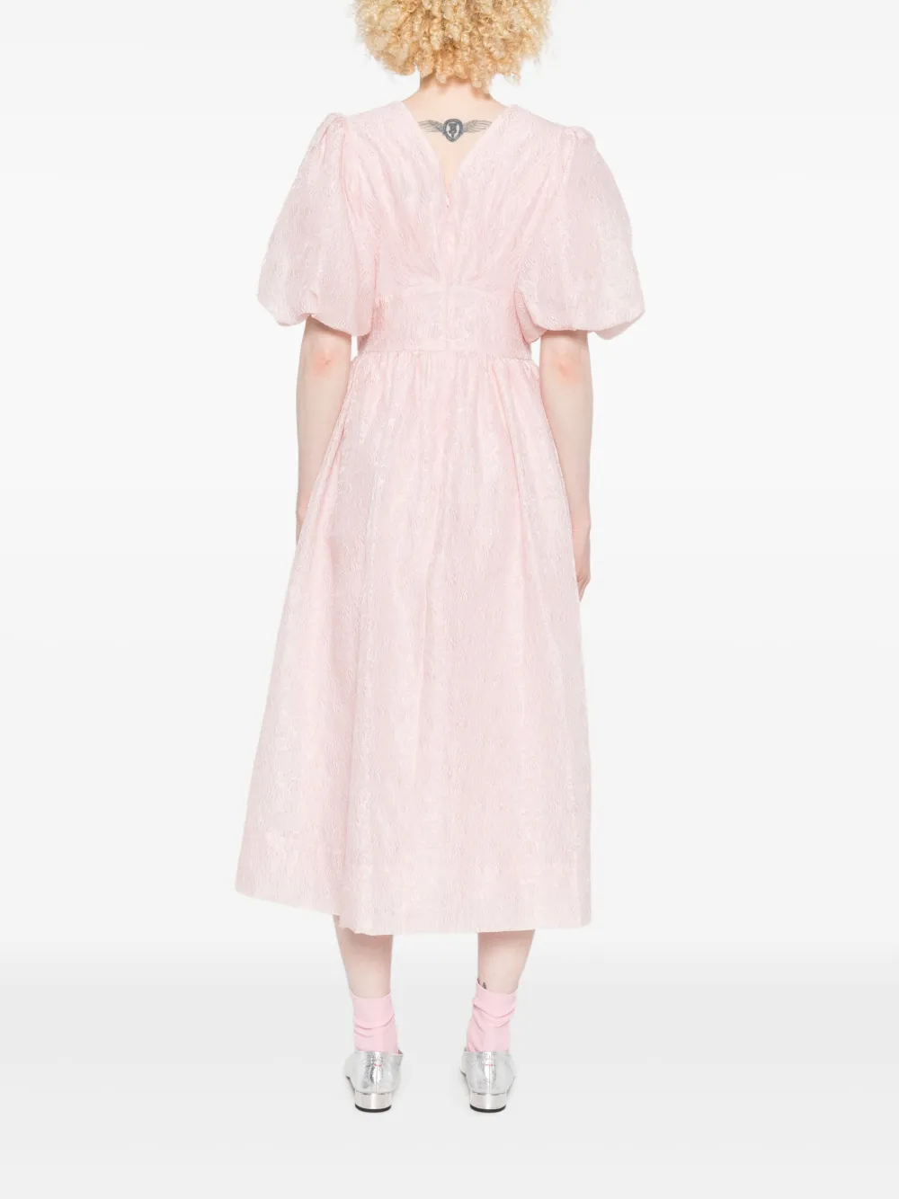 Sea Midi-jurk met pofmouwen en V-hals Roze