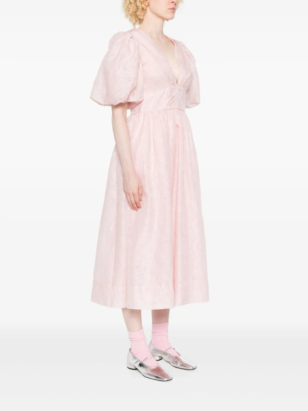 Sea Midi-jurk met pofmouwen en V-hals Roze