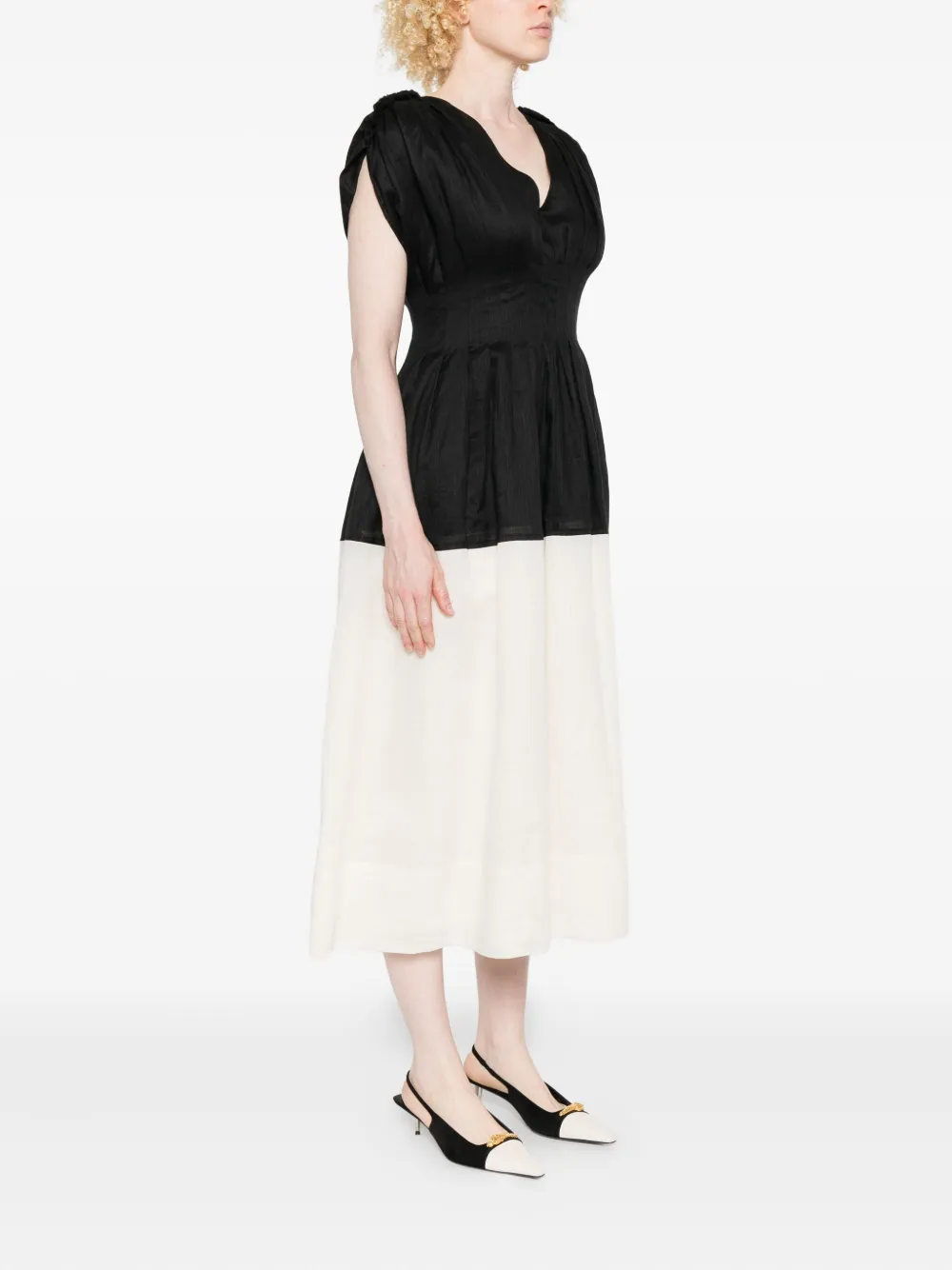 Sea Nicola Two-tone Pintucked Ramie Midi Dress In Black