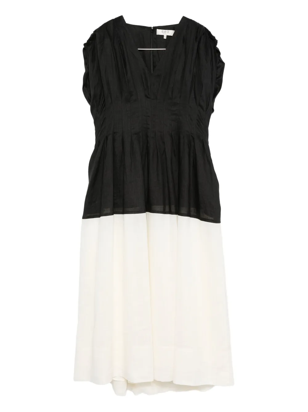 Sea Nicola Two-tone Pintucked Ramie Midi Dress In Black