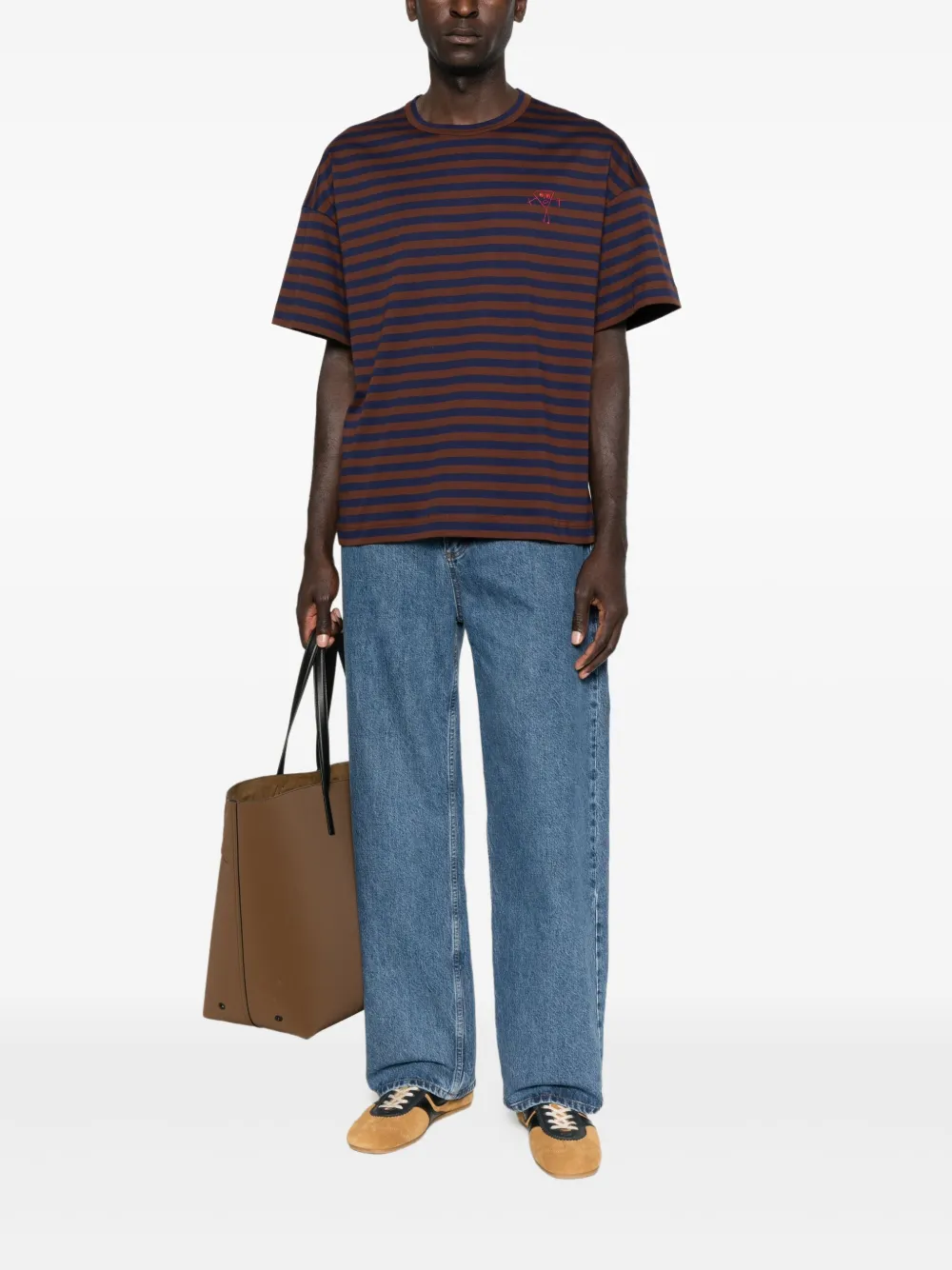 Plan C striped embroidered-detail T-shirt - Bruin