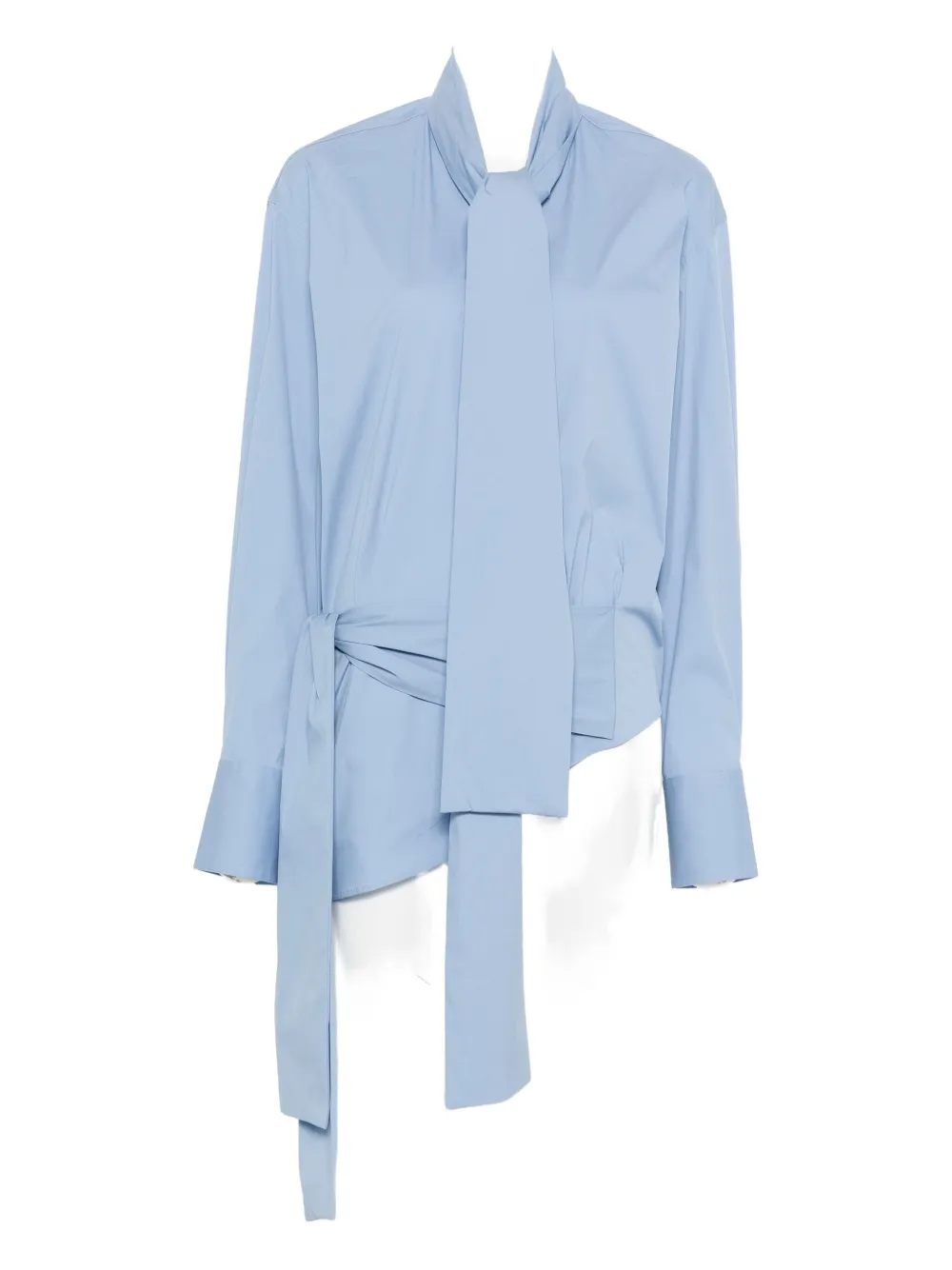 Plan C Tie-neck Wrap Silk Shirt In Blue